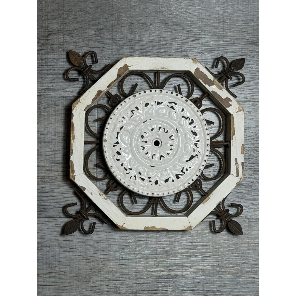 Shabby Chic Rustic Medallion Wrought Iron & Wood Wall Decor Fleur De Les Dist